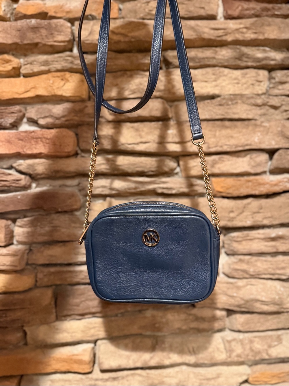 Michael Kors Navy Leather Crossbody Mini Camera Bag with Gold Hardware